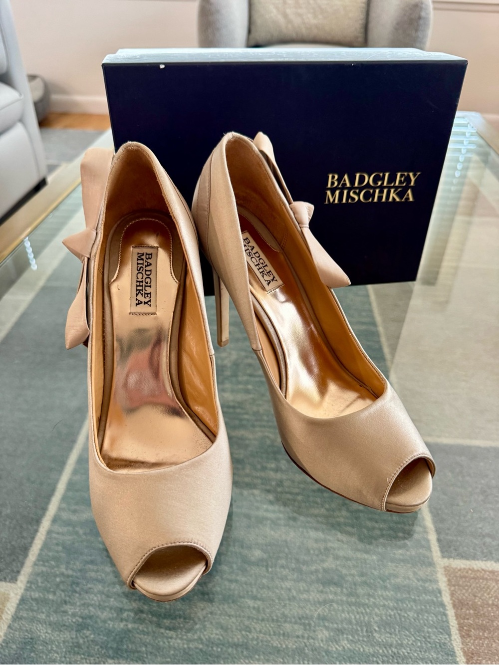 Badgley Mischka Satin Peep-Toe Heels in Light Beige